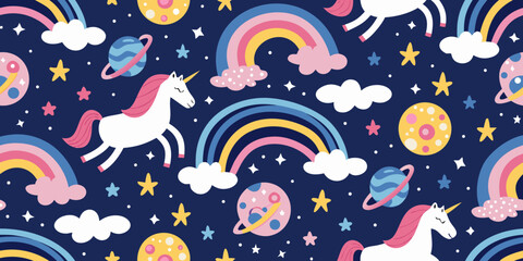 Seamless pattern with unicorns rainbows planets and stars on dark blue background