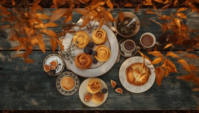Autumn breakfast table with cinnamon rolls coffee and figs aesthetic fall morning scene