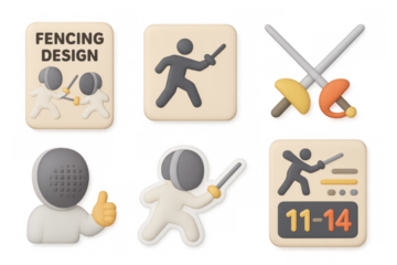 Fencing icon set featuring masks, swords, and scoreboard elements for design and illustration
