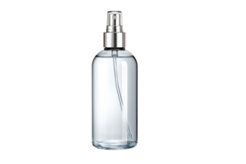 Clear glass spray bottle with silver metal cap and clear liquid image, Isolated On White Background, Png Transparent