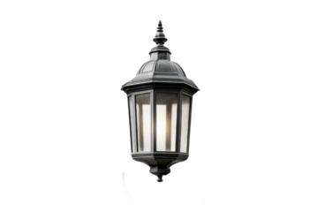 Black lantern with glowing light and crescent moon against dark background lamp, Isolated On White Background, Png Transparent