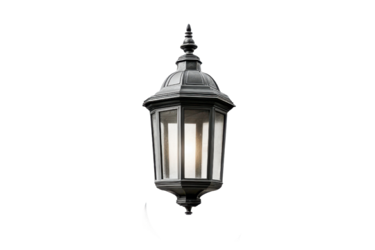 Black lantern with glowing light and crescent moon against dark background lamp, Isolated On White Background, Png Transparent