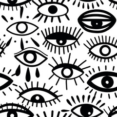 Abstract pattern of on black  eyes. Hand-drawn vector doodle.