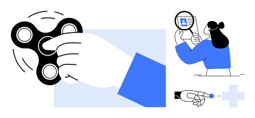 Fototapeta na wymiar Research concept combining fidget spinner and magnifying glass imagery. Research tools and exploration by dynamic shapes. For science, education, health, innovation, and analysis