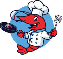 Cartoon Shrimp Chef Character Cooking with Frying Pan and Spatula