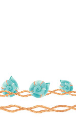 Watercolor nautical border with twisted ropes and blue seashells, with space for text. Marine template with spiral shells in vintage boho style for summer designs, invitations, cards or packaging.
