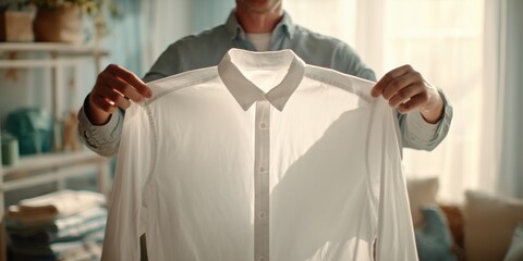 Preparing a crisp white shirt in a bright living room on a sunny day.