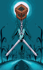 Ghost with two swords in a cornfield at night. Vector cartoon horror illustration.
