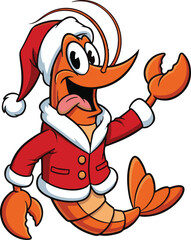 Cheerful Christmas Shrimp Cartoon Character Wearing Santa Suit and Hat