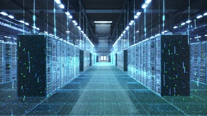 Hyperscale Data Center Corridor as Holographic Grids, Fiber Streams, Digital Particles Animate Server Racks, Data Processing, Cybersecurity Monitoring, Network Infrastructure Analytics. - Powered by Adobe