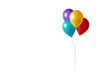 Four colorful balloons purple yellow blue red tied together on black background party celebration, Isolated On White Background, Png Transparent