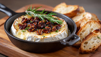 Baked brie topped with pecans in a skillet with bread slices.