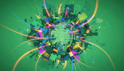 Vibrant abstract digital explosion of geometric shapes and light trails on a green background, symbolizing data, technology, and energy.