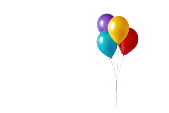 Four colorful balloons purple yellow blue red tied together on black background party celebration, Isolated On White Background, Png Transparent