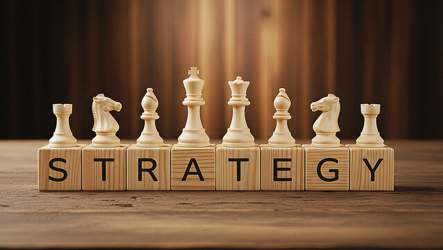 Chessboard Strategy: The elegant chess pieces stand tall on a wooden surface, with the word STRATEGY boldly displayed, symbolizing a deliberate and thoughtful approach to planning and decision-making.