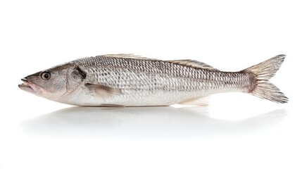 seabass. A fresh sea bass showcased on a clean white background, its detailed scales and texture captured under professional studio lighting. menu design.