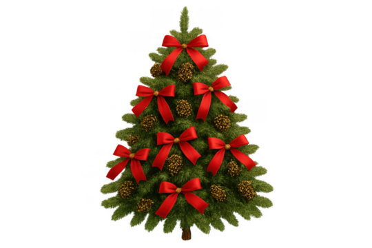 Christmas tree decorated with red bows and pinecones