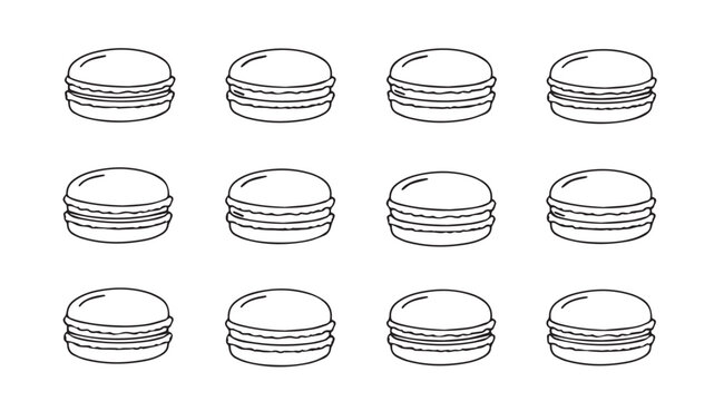 Collection of twelve stacked macaron pastries in a clean silhouette style