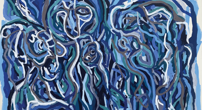 Dynamic abstract artwork with interwoven blue and white lines, creating a fluid tapestry of evolving forms, evoking continuous motion and serene depth