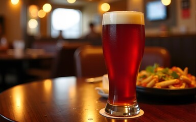 Glass of red beer in pub or restavurant on table with delicoius food. High quality