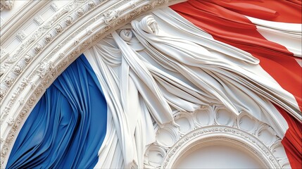 Close-up of a white stone sculpture featuring the French flag colors, with fabric drapes and architectural details. The image evokes patriotism and national pri