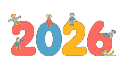 Vibrant Future: The colorful numbers of 2026 come alive with playful children. An imaginative depiction of the coming years.