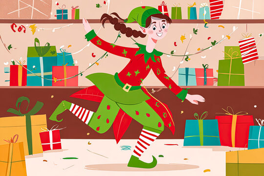 Cheerful Christmas elf dancing joyfully in Santa's workshop with colorful gifts and festive decorations