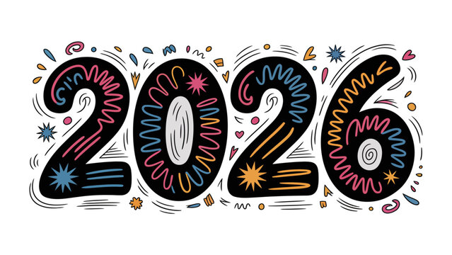 Year 2026 Typography: A vibrant and colorful design for the year 2026, showcasing intricate typography and decorative elements. This playful illustration is perfect for New Year celebrations.