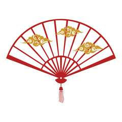 Red Chinese Hand Fan with Golden Auspicious Clouds