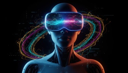 Futuristic humanoid wearing immersive virtual reality headset with neon energy rings.