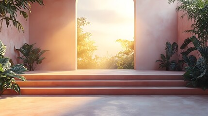 Warm, sunlit archway opening to lush greenery, with terracotta steps and soft pastel walls creating a calm tropical atmosphere.
