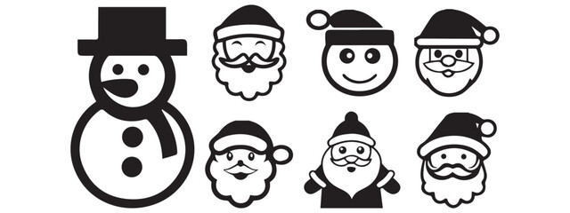 Festive Santa Claus and snowman clipart set in black and white. Perfect for Christmas crafts, holiday cards, winter decorations, and printable festive designs.