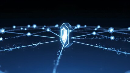 Digital shield at center of illuminated network connections represents cybersecurity protection and data encryption. Glowing nodes and lines form secure infrastructure for information privacy, - Powered by Adobe