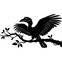 Fototapeta premium Hornbill bird silhouette with outstretched wings perched on a natural leafy branch. Vector.