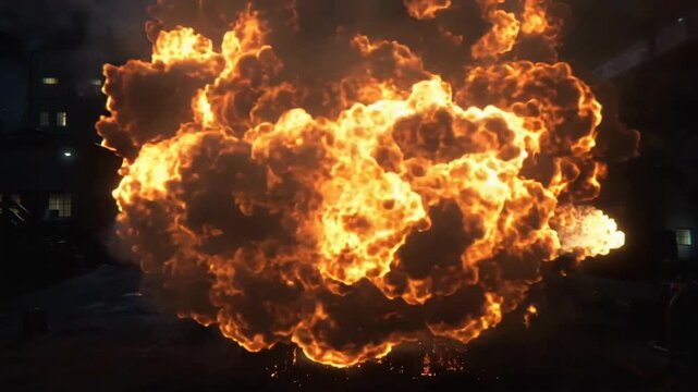 A bright fire burst ignites on a wet industrial ground under a full moon and cloudy night sky.