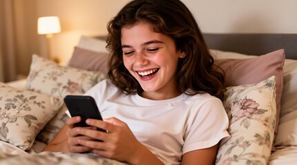 A joyful young woman lies comfortably in bed at night, propped up with pillows, smiling and laughing brightly while looking at her smartphone.