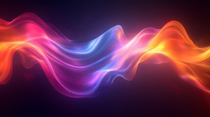 Obraz premium Vibrant flowing waves of neon light blending pink, blue, and orange tones in an abstract dynamic composition.