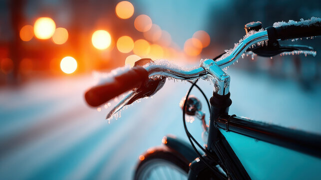 Winter season close-up of old bicycle with snow and ice coating on handlebar for outdoor adventure and vintage transportation imagery
