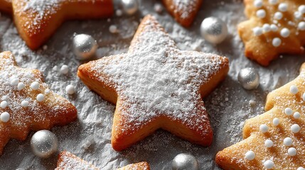 Festive star-shaped cookies dusted with powdered sugar and silver balls.
