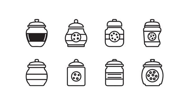 Collection of eight stylized silhouette icons representing different types of jars and containers