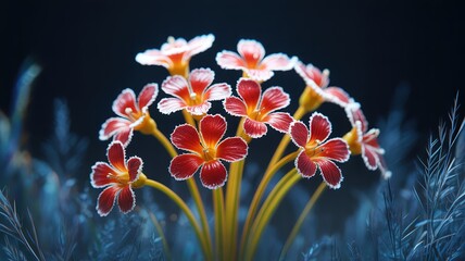 Vibrant red flowers with white edges create a striking contrast against a dark backdrop
