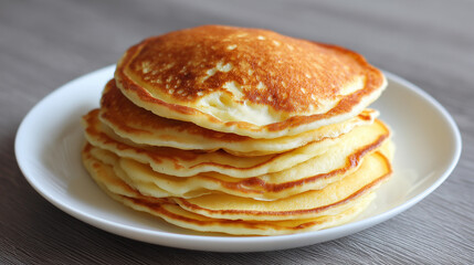 グレーの木製テーブルに置かれた、白い皿に積まれたパンケーキ