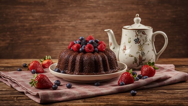 Delicious chocolate bundt cake recipe with fresh berries and teapot on wooden background - Powered by Adobe