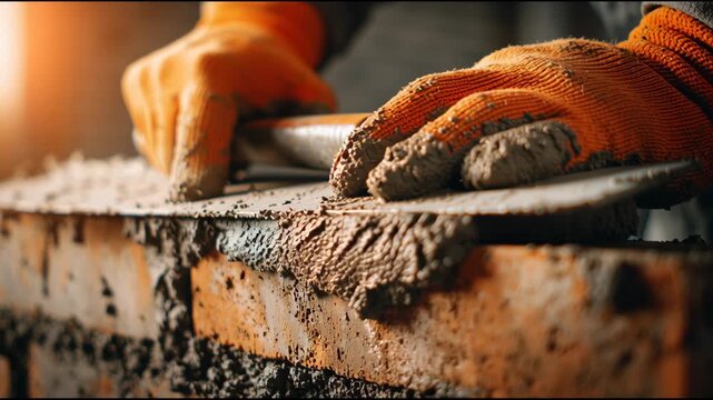 Workers in safety gloves focus on hand applying cement to a construction surface. They carefully spread the material to ensure a strong foundation. The bright setting highlights their hard work