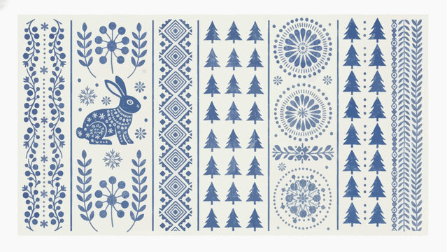 Charming winter folk pattern with rabbit, trees, and flowers for cozy seasonal designs, originally a vector