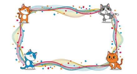 A fun and colorful rectangular frame featuring four dancing cartoon cats, surrounded by a wavy, multicolored border and festive confetti.