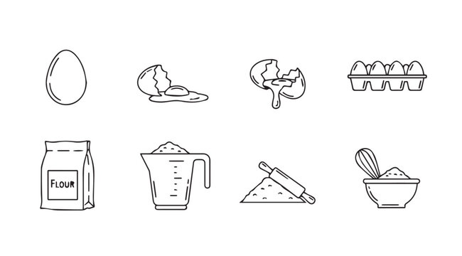 Collection of baking ingredients and tools in a simple line drawing silhouette style