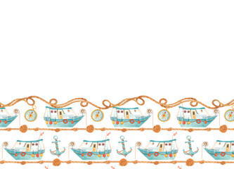 Watercolor nautical border with fishing boats, compasses, anchors, sailor knots and twisted rope border. Marine template in vintage style for summer designs, invitations, greeting cards, kids' decor.