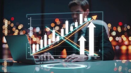 Financial trading charts with candlestick patterns and upward arrows overlaying laptop workspace. Market analysis dashboard displaying growth trends, data visualization and investment performance - Powered by Adobe