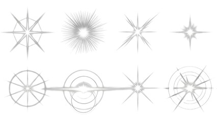 Collection of abstract starburst and explosive graphic elements in white and gray tones
